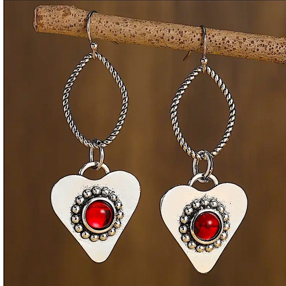 Silver Heart Boho Dangle Earrings - Picture 5 of 6